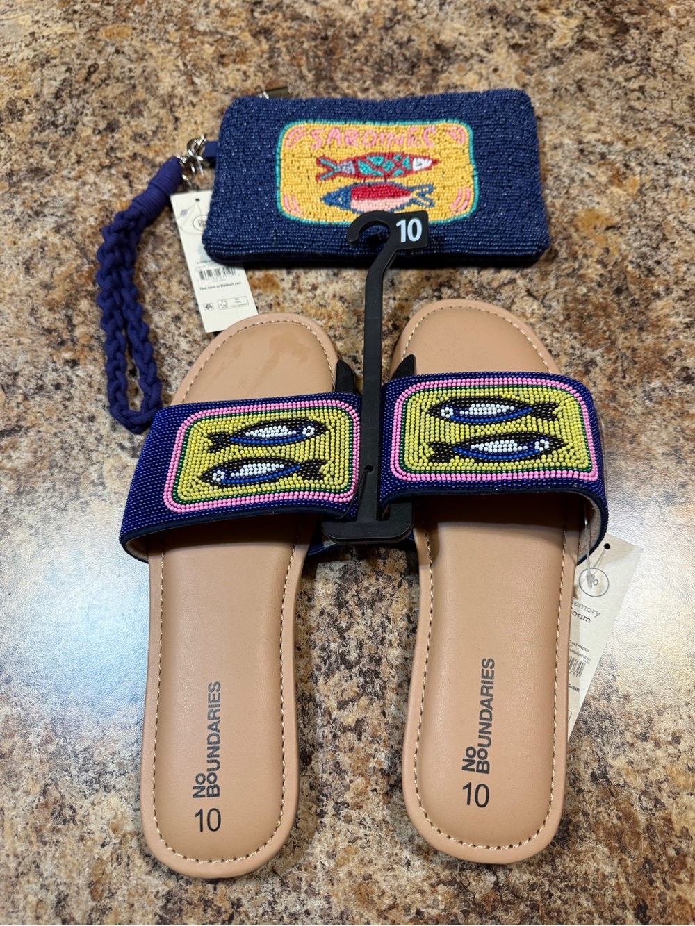Set Viral TikTok Sardines Navy Beaded Wristlet Pouch Sandal Slides Size 8 9 10